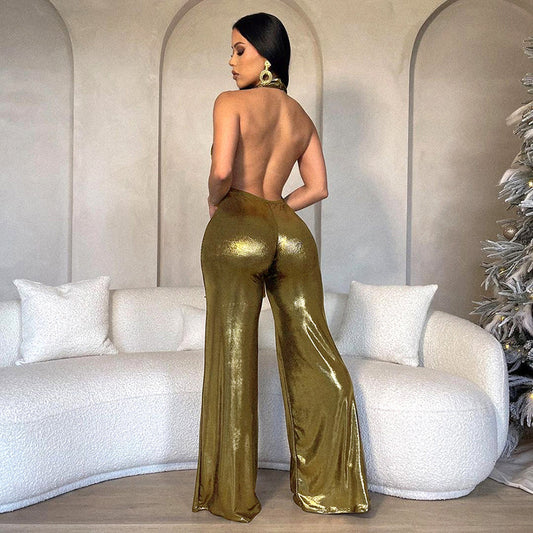 Elegant Backless Halter Golden Jumpsuit