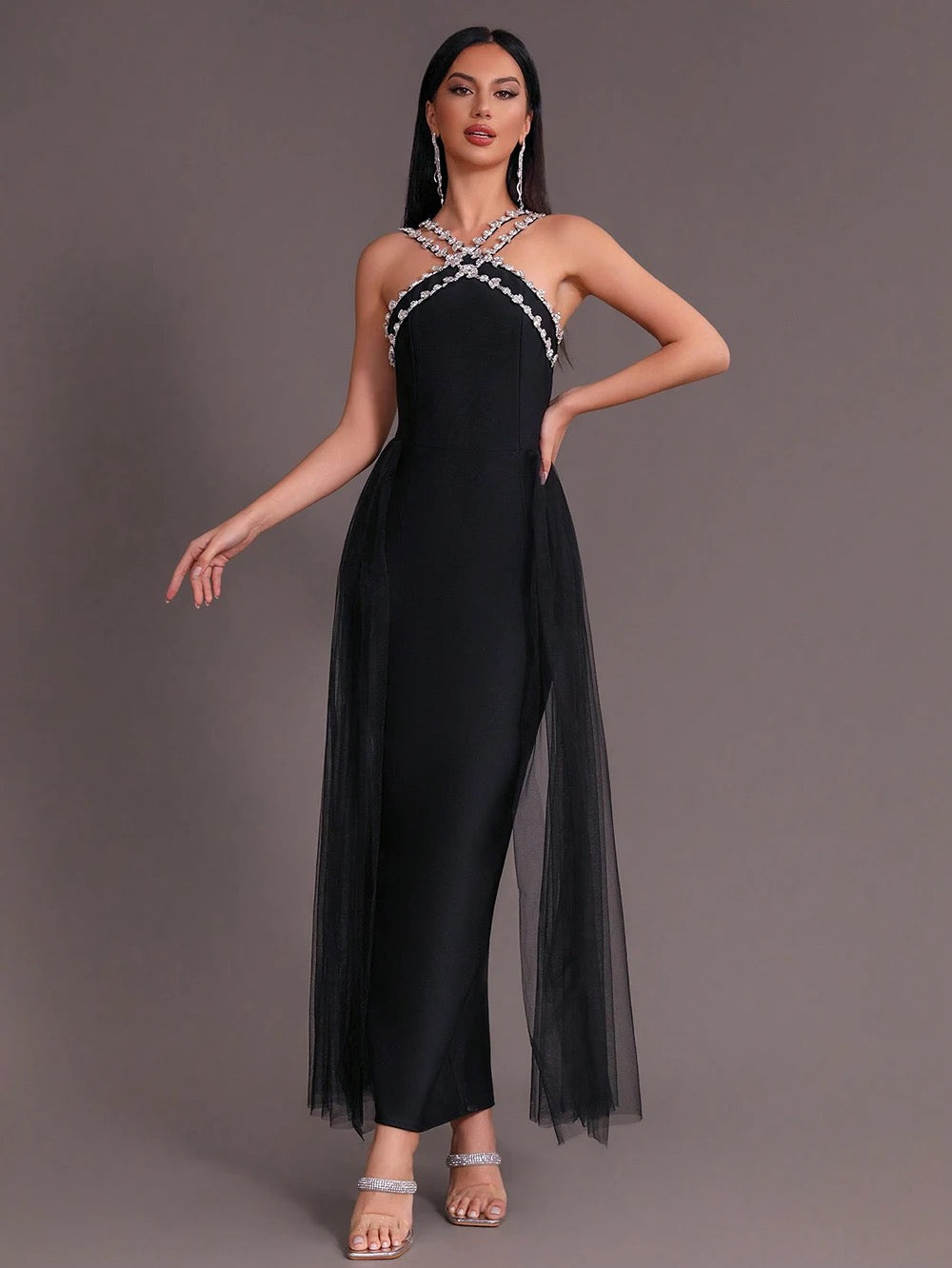 Diamond Details Sleeveless Tight Long Bandage Dress