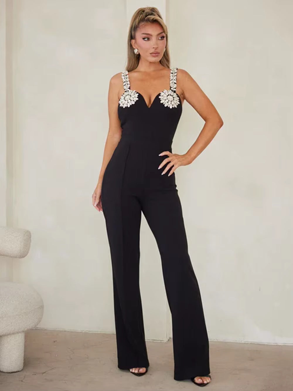 Spaghetti Strap Diamonds Bodycon Bandage Pencil Pants Jumpsuit