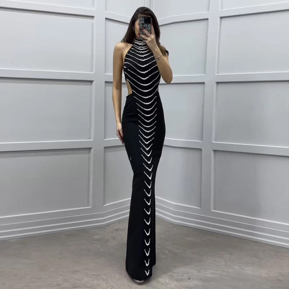 Hollow Beaded Details Design Tight Long Bandage Dress