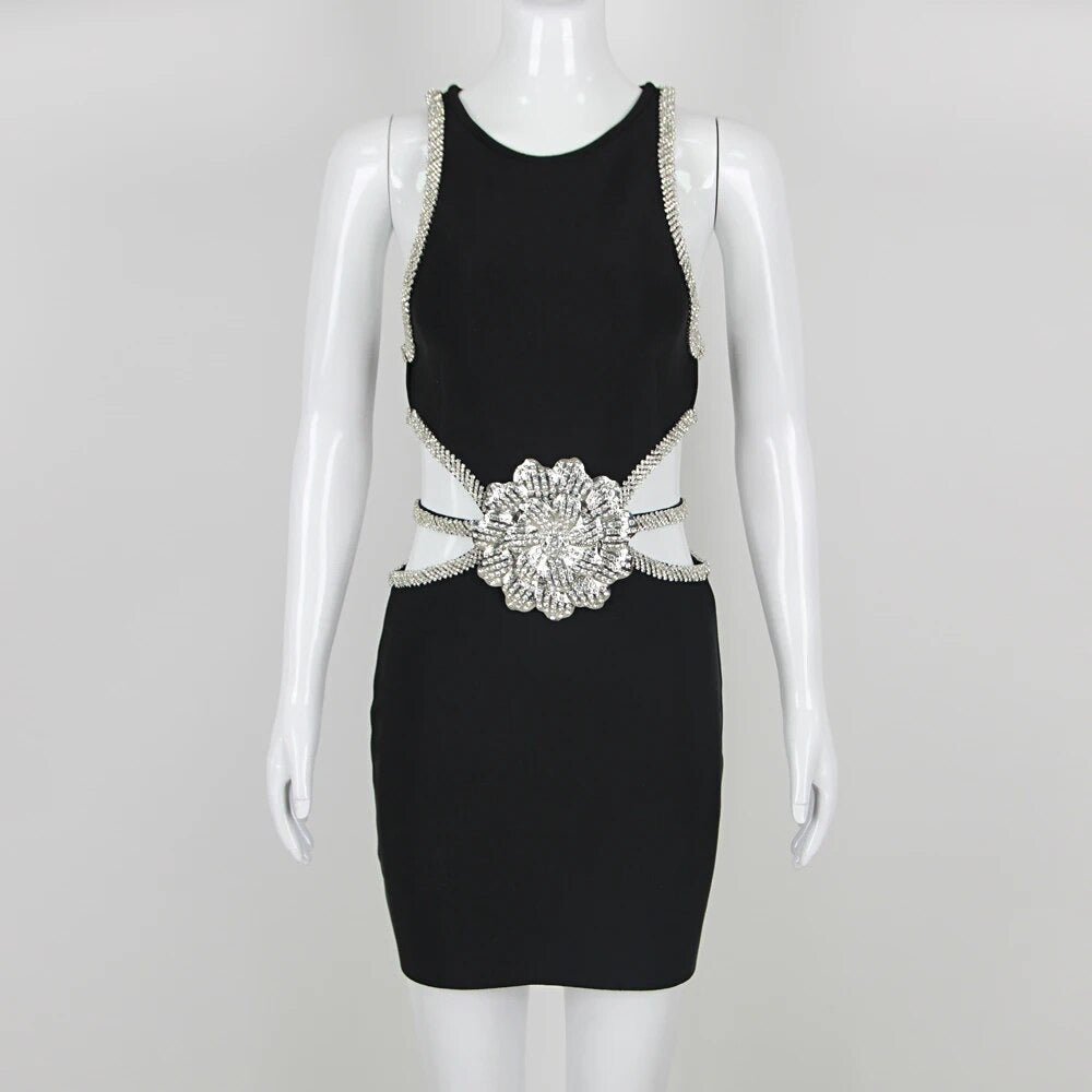 3D Flower Diamond Hollow Cut Mini Bandage Dress