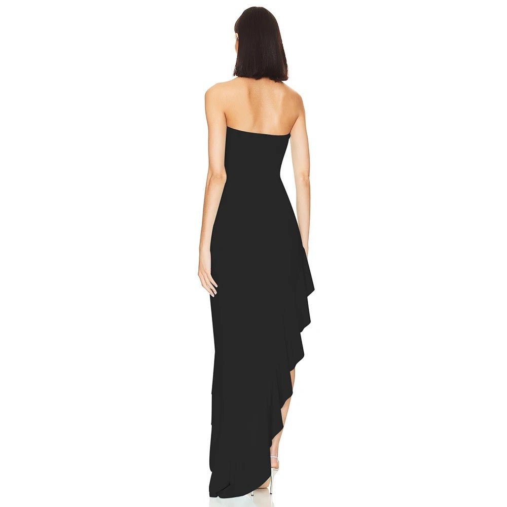 Strapless Asymmetric Ruffle Edge Long Bandage Dress