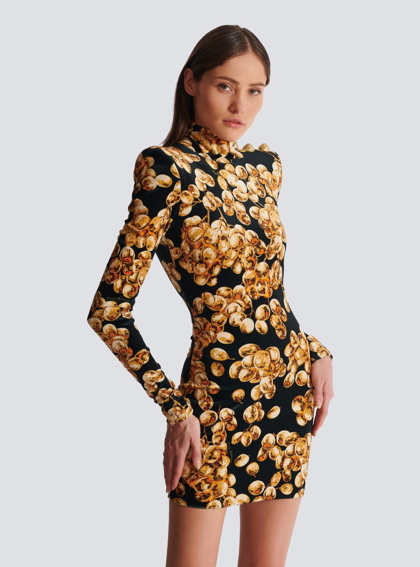 Grape Printed Gold Velvet Turtleneck Slim Mini Dress