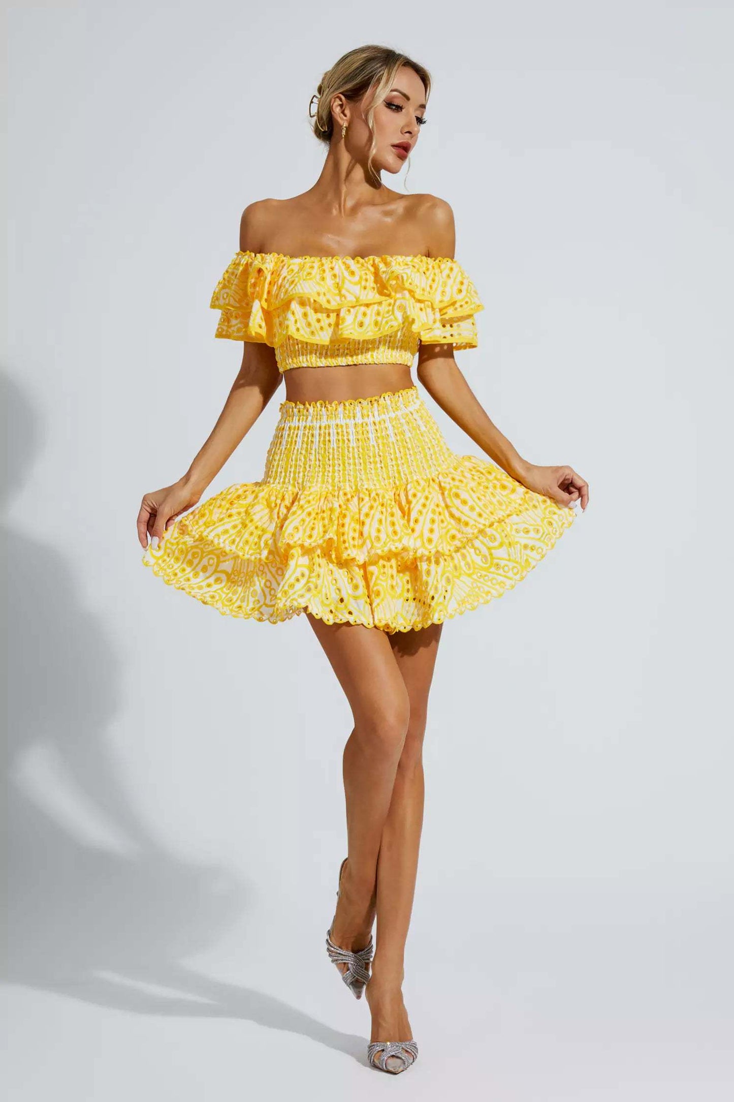 Yellow Floral Ruffle Off-Shoulder Set