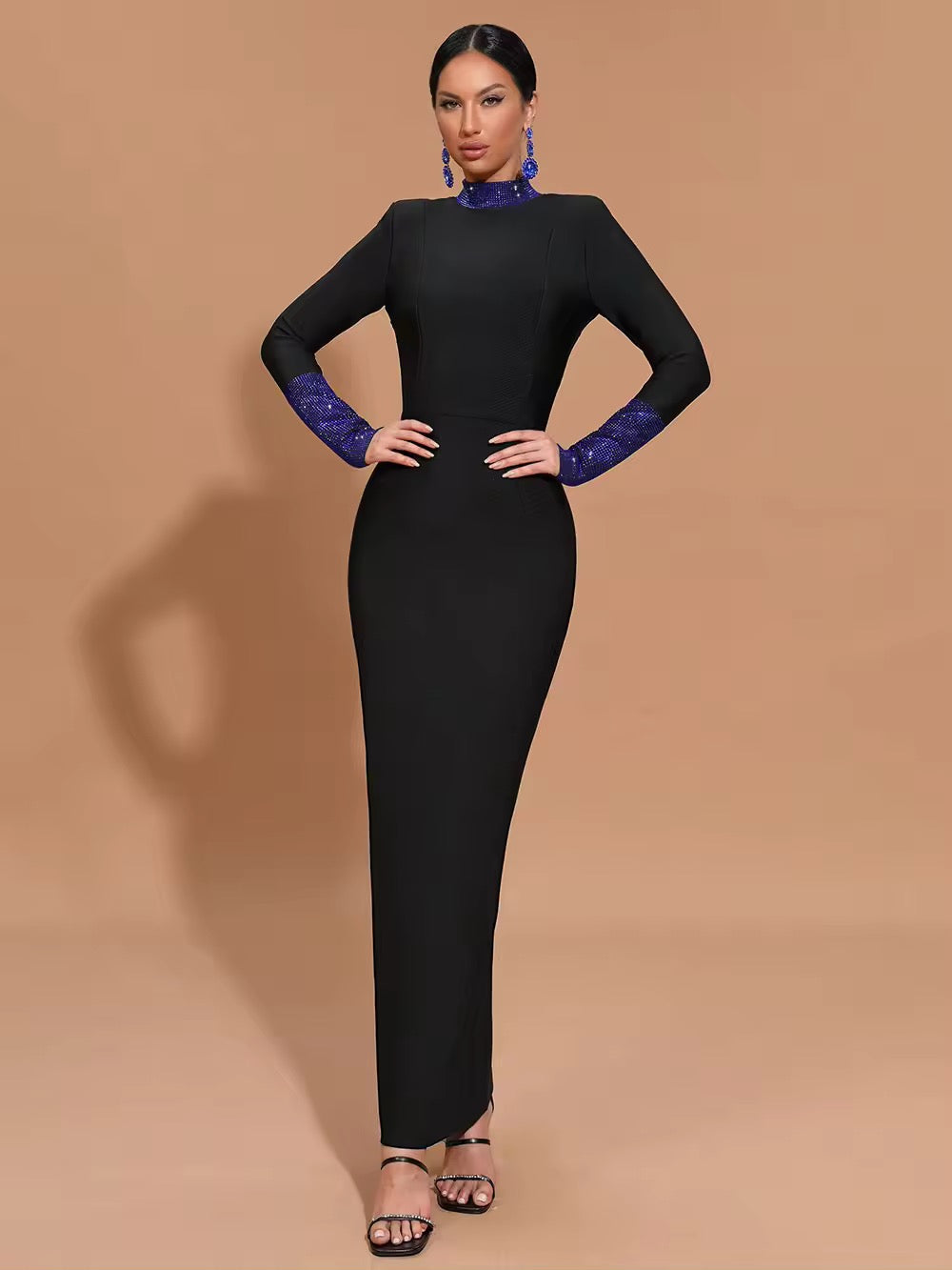 Black Turtleneck Bodycon Rhinestone Backless Long Sleeve Bandage Maxi Dress