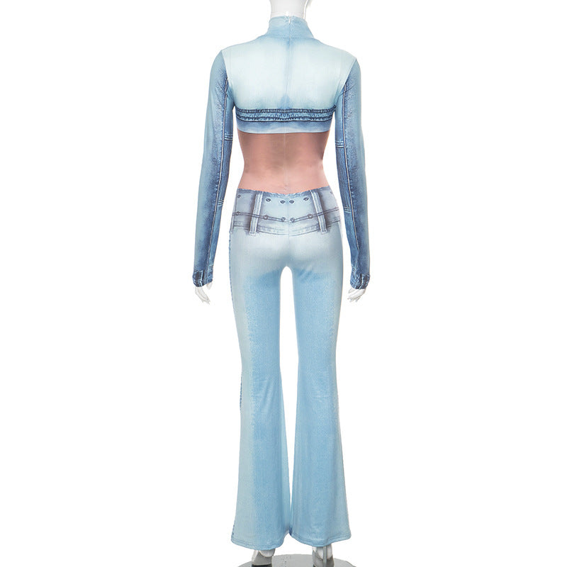 Imitation Denim Body Print Long Sleeve Turtleneck Horn One Piece