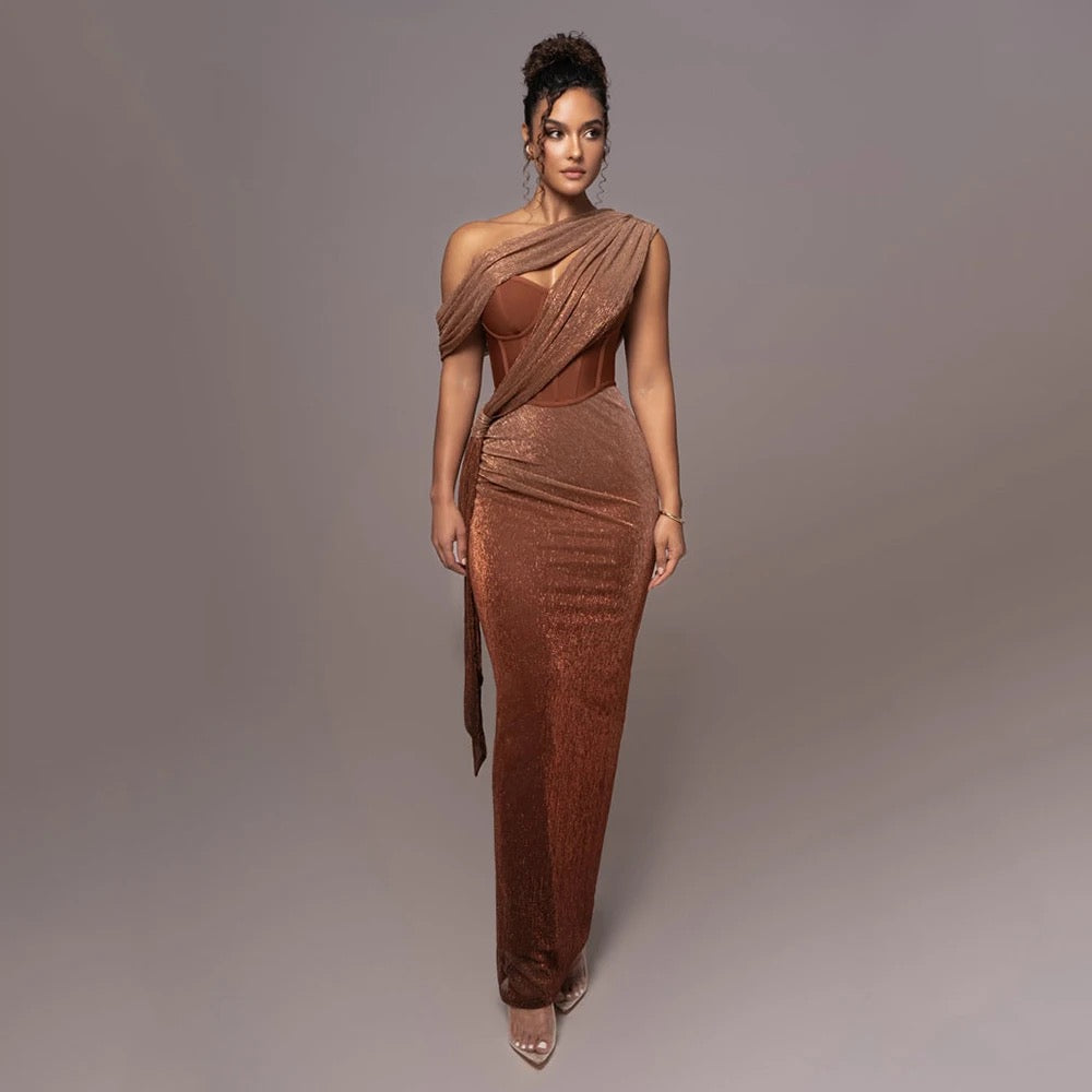 One Shoulder Sleeveless Gold Drop Tight Long Dress