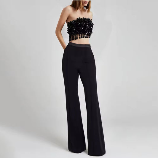 Black Bead Tassel Two Piece Pants Set