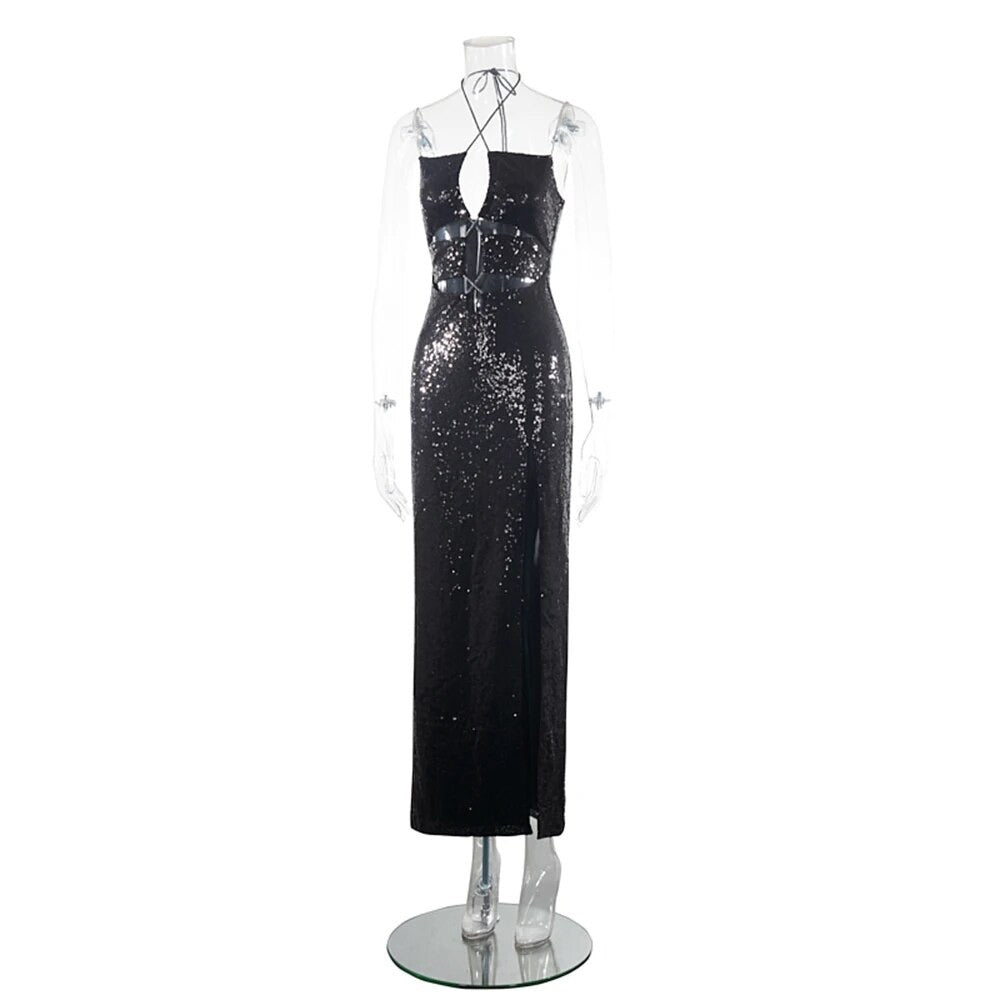 Sequin Maxi Hollow out Strapless Halter Open back dress