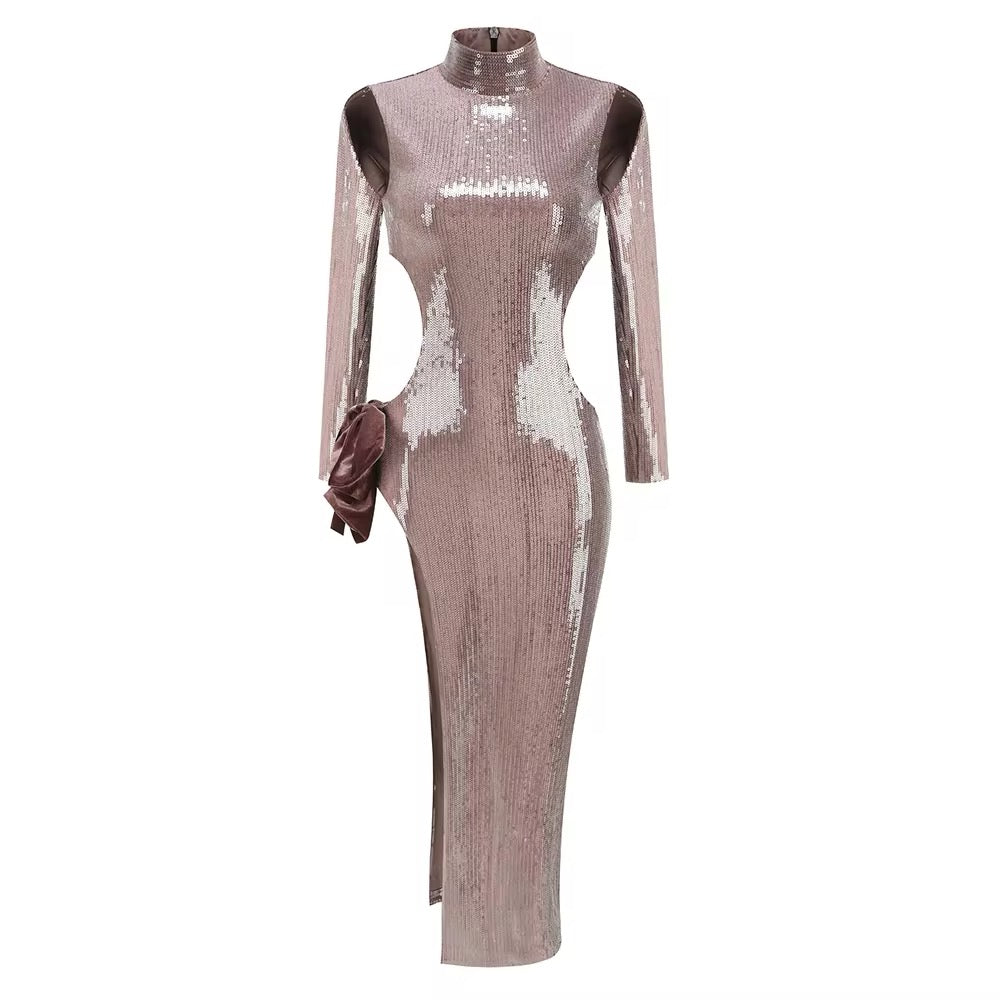 Sequins Side Slit Bow Long Sleeves Maxi Dress