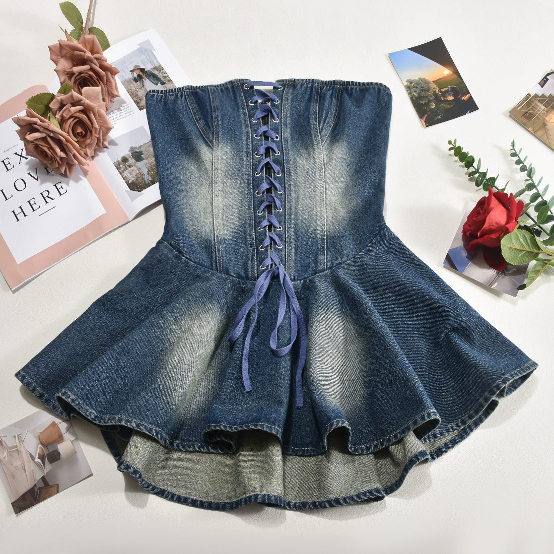 Zipper Lace up Bandeau Sexy Sexy Denim Flounced Dress