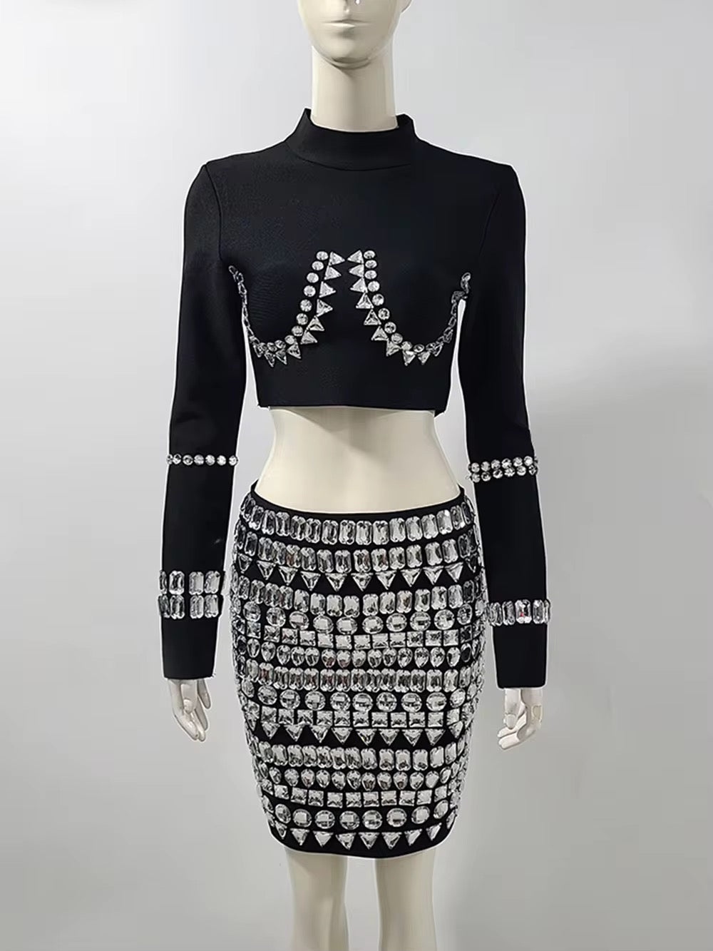 Crystal Diamond Crop Top With Mini Skirt Bandage Two-Piece Sets