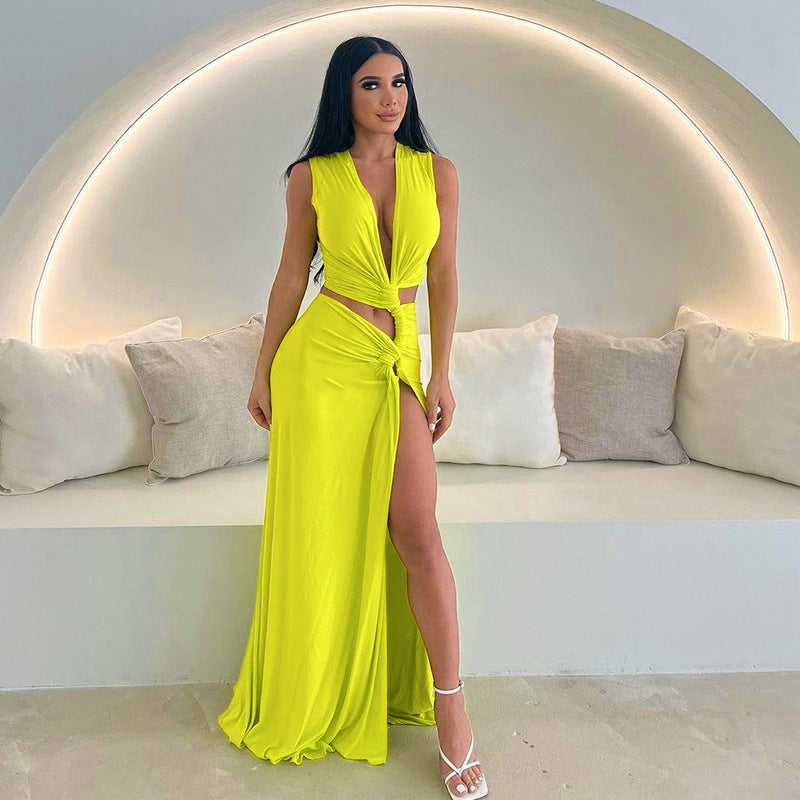 Deep V Plunge Hollow Out Cutout Out Slit Slim Fitting Maxi Dress