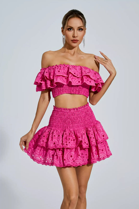 Pink Floral Ruffle Off-Shoulder Set