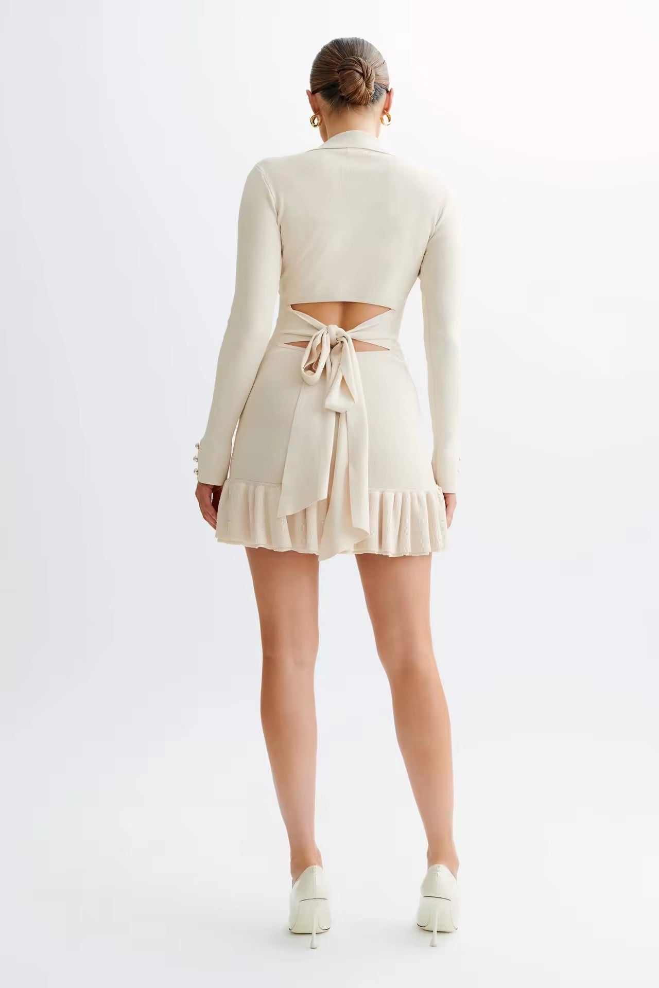 Contrast Knit Bowknot Back Pleated Mini Dress