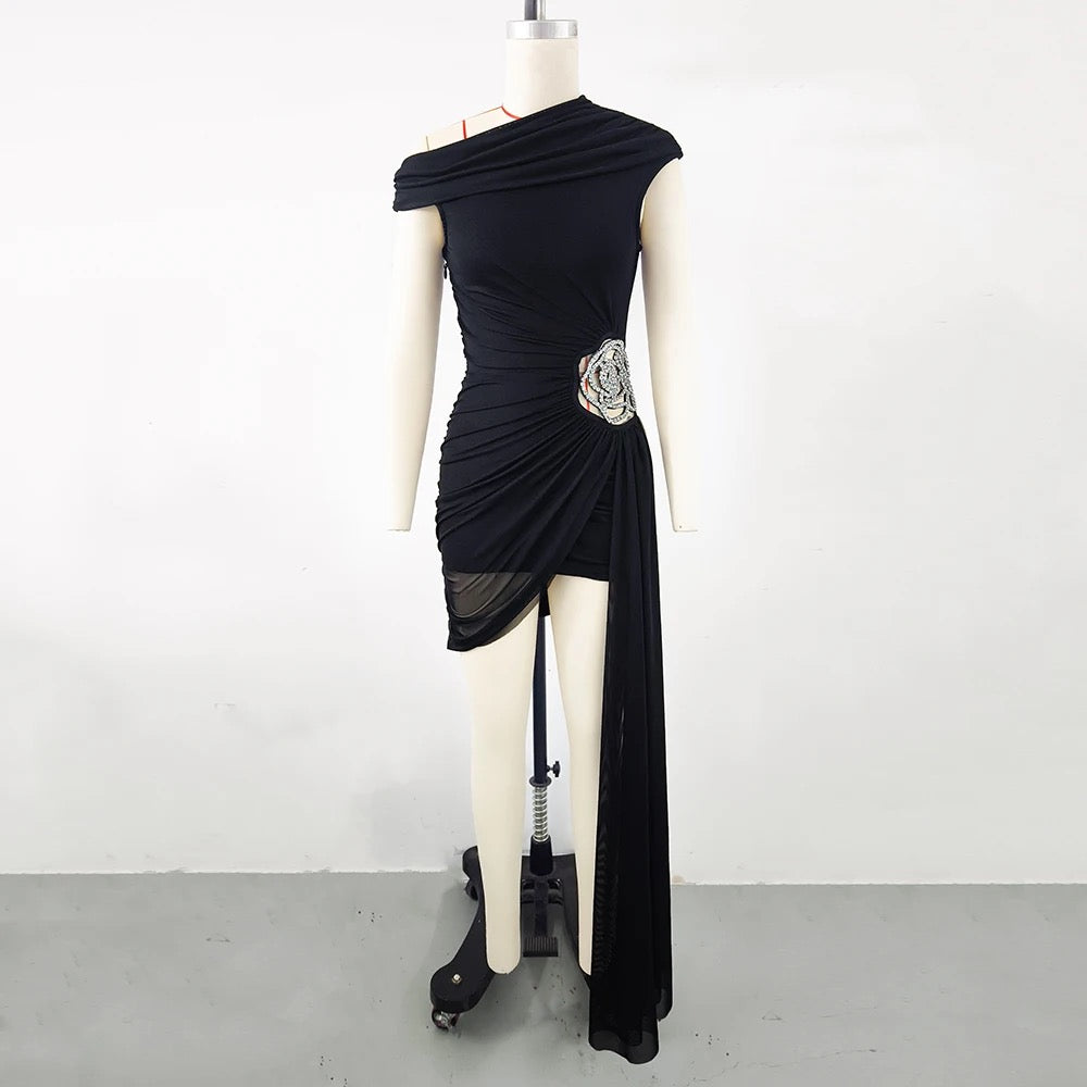 Off Shoulder Dropped Diamond Hollow Knitted Asymmetric dress