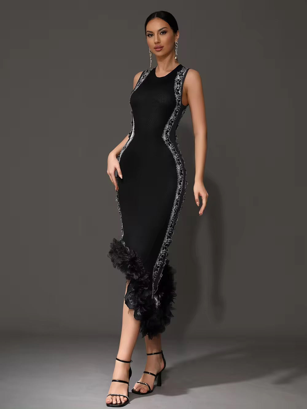 Asymmetrical Appliques Knit Slim Maxi Dress