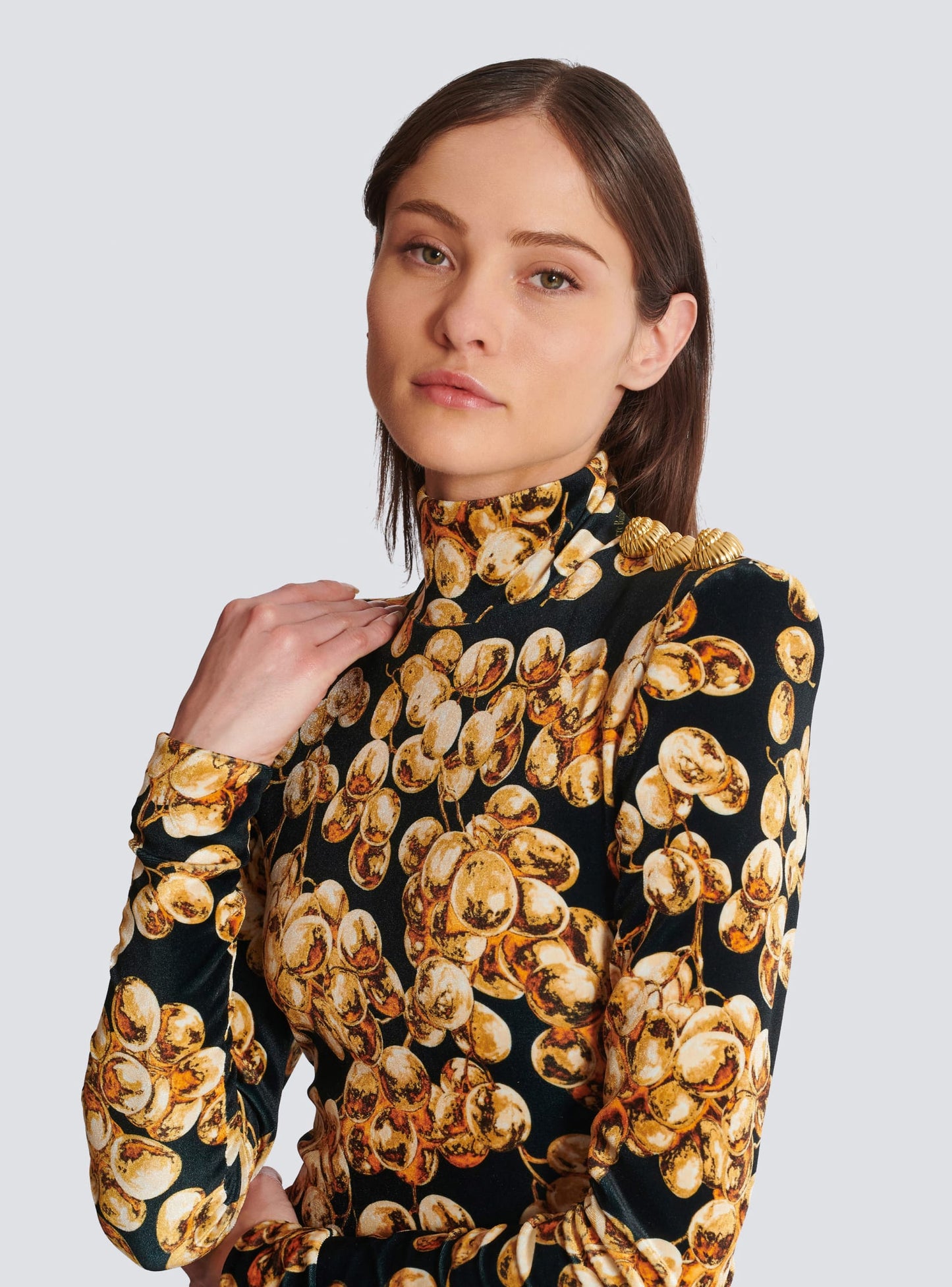 Grape Printed Gold Velvet Turtleneck Slim Mini Dress