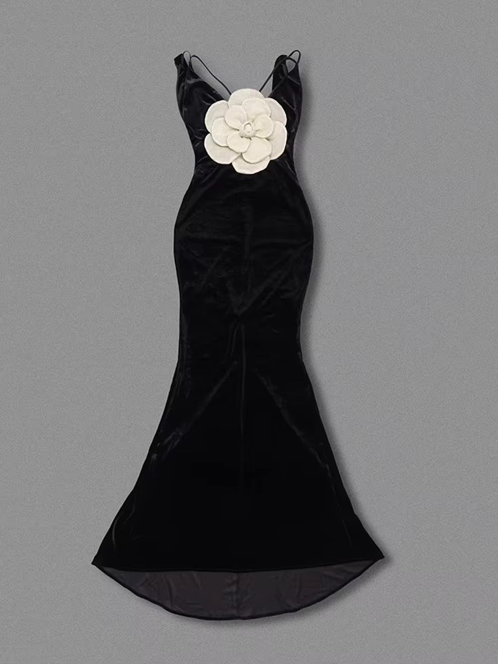 Neck 3D Flowers Backless Design Black Velvet Maxi Long dress