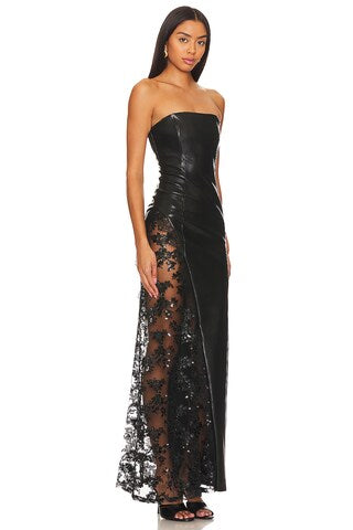 Strapless High Waist Lace Patchwork Tight Banquet Leather Dress