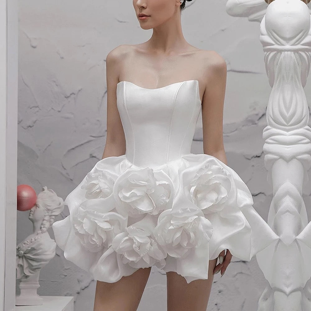 White Sexy Strapless 3D Flower Tight Mini Dress