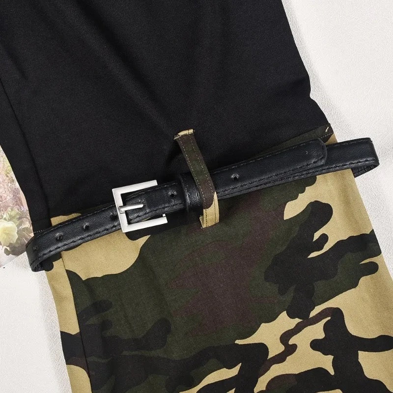 Cargo Style Patchwork Camouflage Flare Pants with Belt set REBECATHELABEL