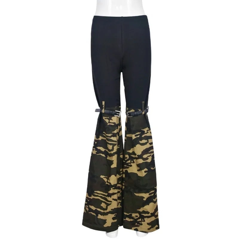 Cargo Style Patchwork Camouflage Flare Pants with Belt set REBECATHELABEL