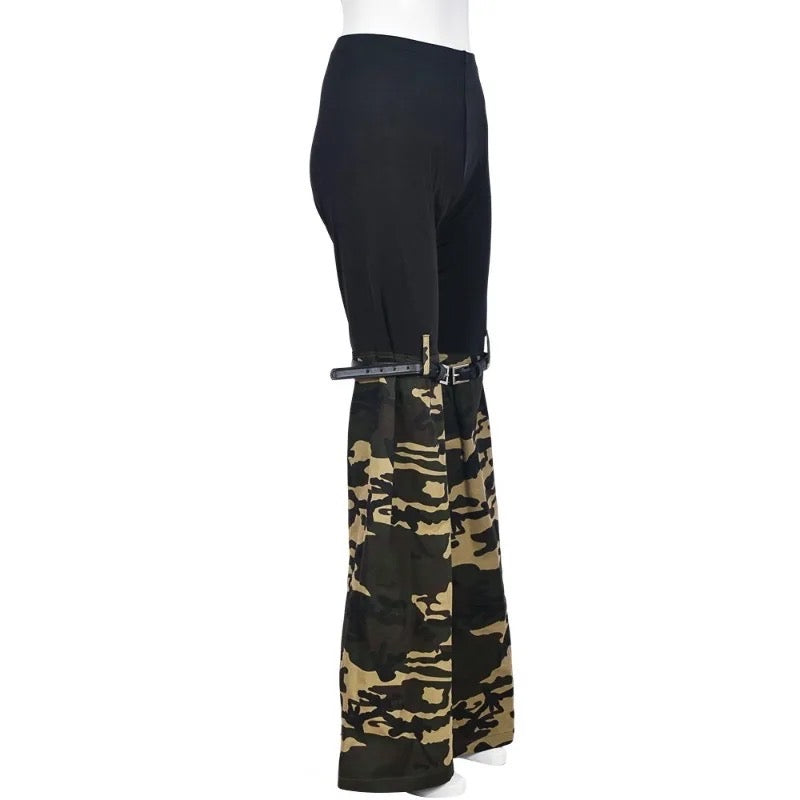 Cargo Style Patchwork Camouflage Flare Pants with Belt set REBECATHELABEL