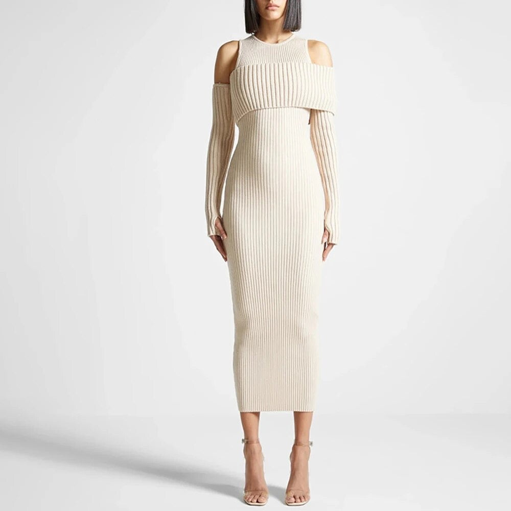 Casual Knit Dress Hollow out Sexy Round Neck Long Sleeve dress REBECATHELABEL