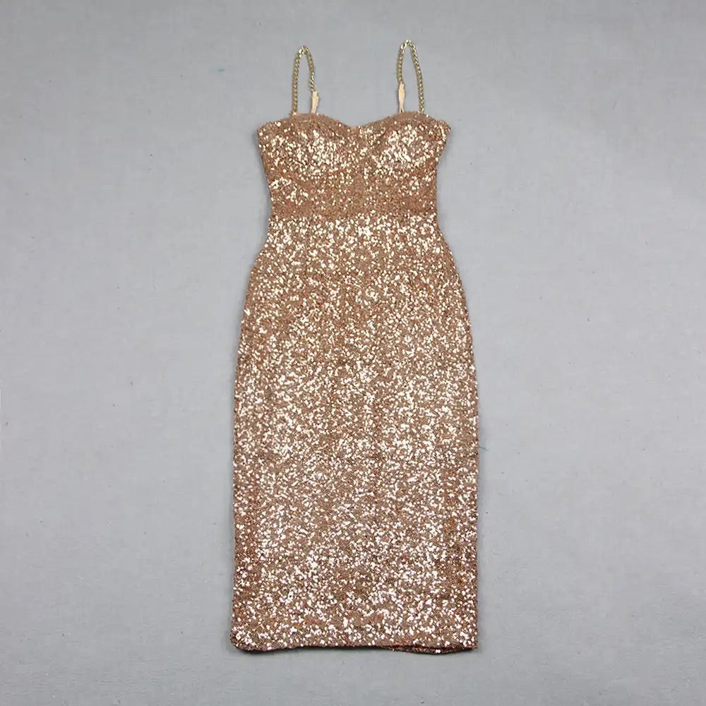 Chain with Sexy Sleeveless Sequins Tight Midi Dress REBECATHELABEL