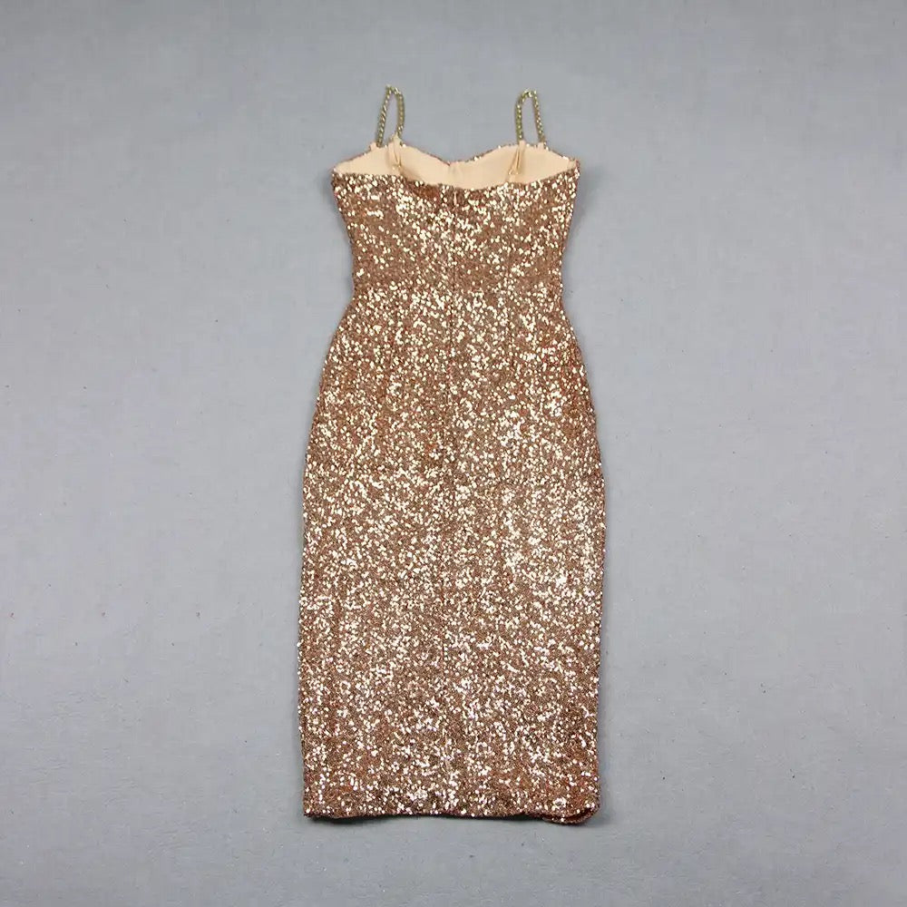 Chain with Sexy Sleeveless Sequins Tight Midi Dress REBECATHELABEL