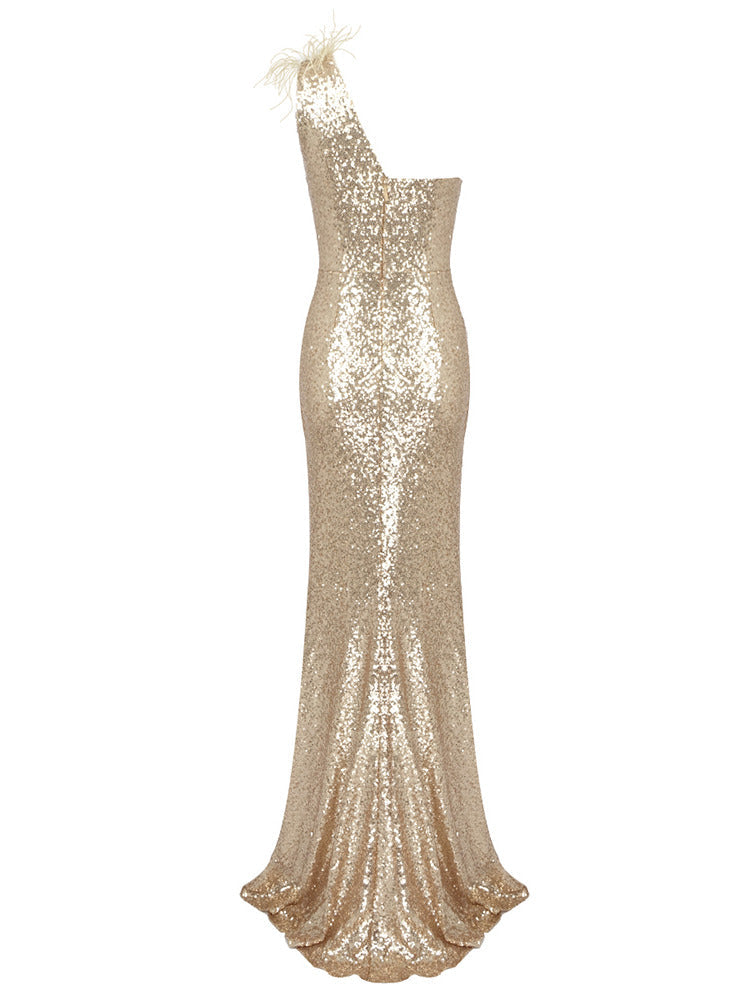 Champagne Sequin Oblique Shoulder Evening Dress REBECATHELABEL