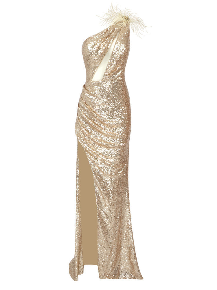 Champagne Sequin Oblique Shoulder Evening Dress REBECATHELABEL