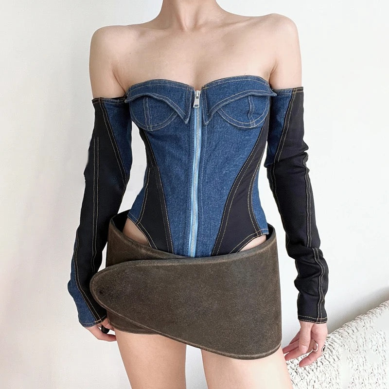 Claiming denim bodysuit REBECATHELABEL