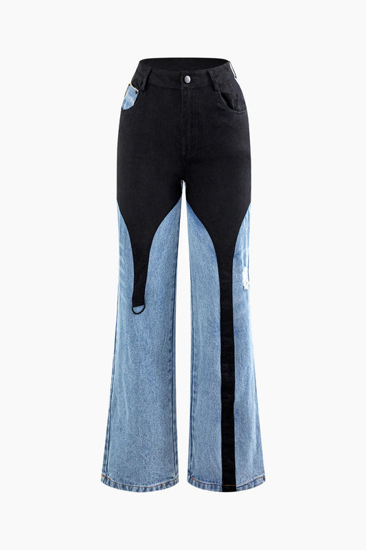 Contrast Panel Straight Jeans REBECATHELABEL