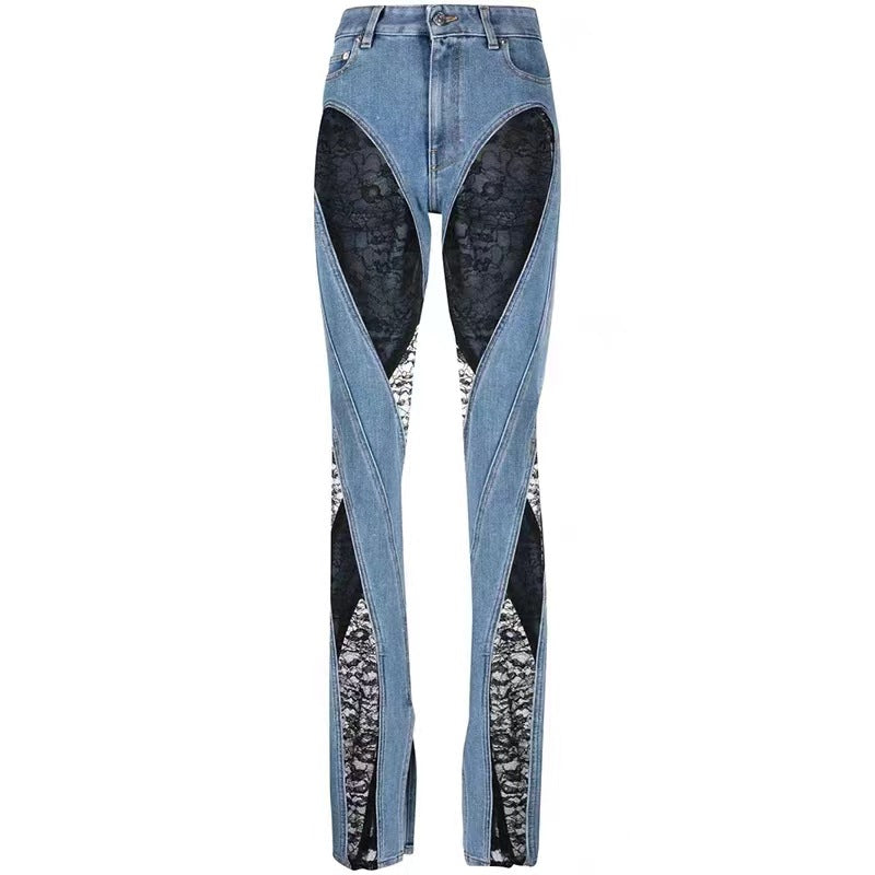 Contrast Patchwork Lace High Waist Slimming Jeans REBECATHELABEL