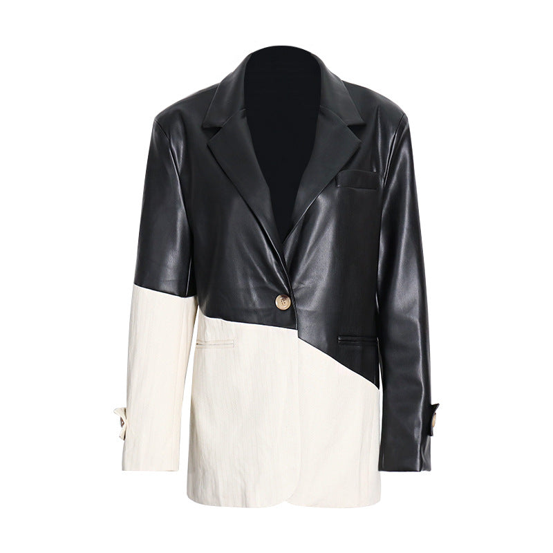 Contrast Patchwork Texture Faux Leather Blazer REBECATHELABEL