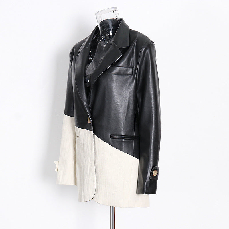 Contrast Patchwork Texture Faux Leather Blazer REBECATHELABEL