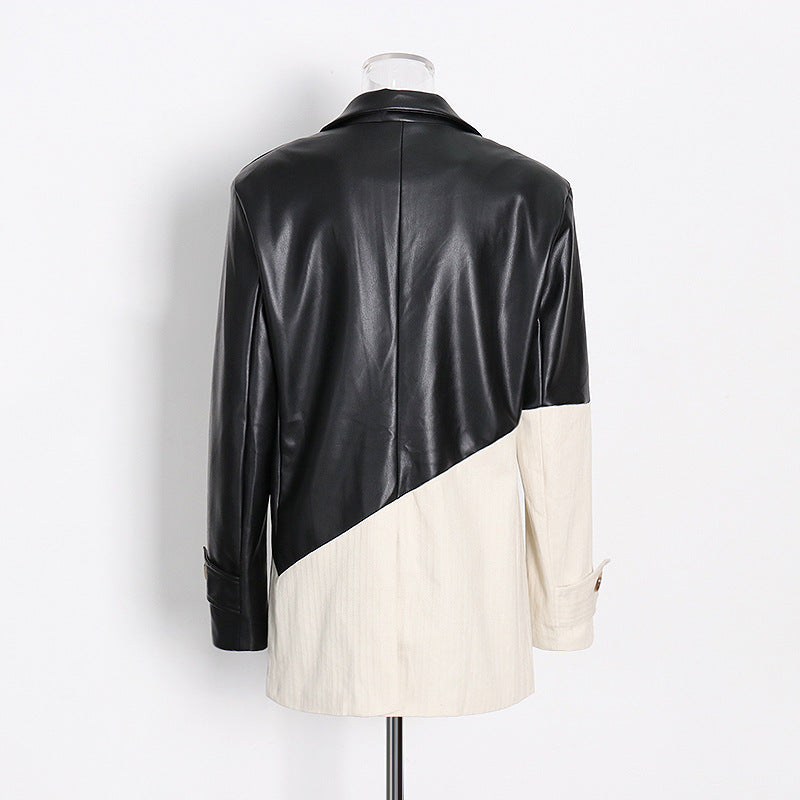 Contrast Patchwork Texture Faux Leather Blazer REBECATHELABEL