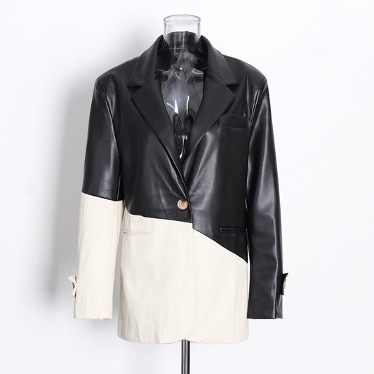 Contrast Patchwork Texture Faux Leather Blazer REBECATHELABEL