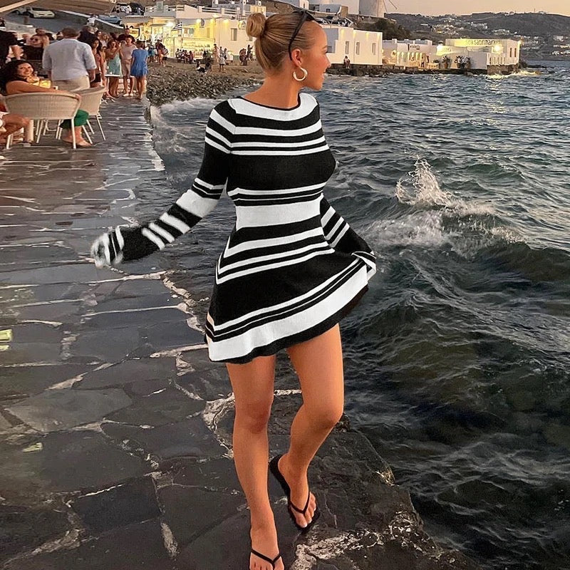 Contrast Stripe Backless Bell Sleeve Knit Mini Dress REBECATHELABEL