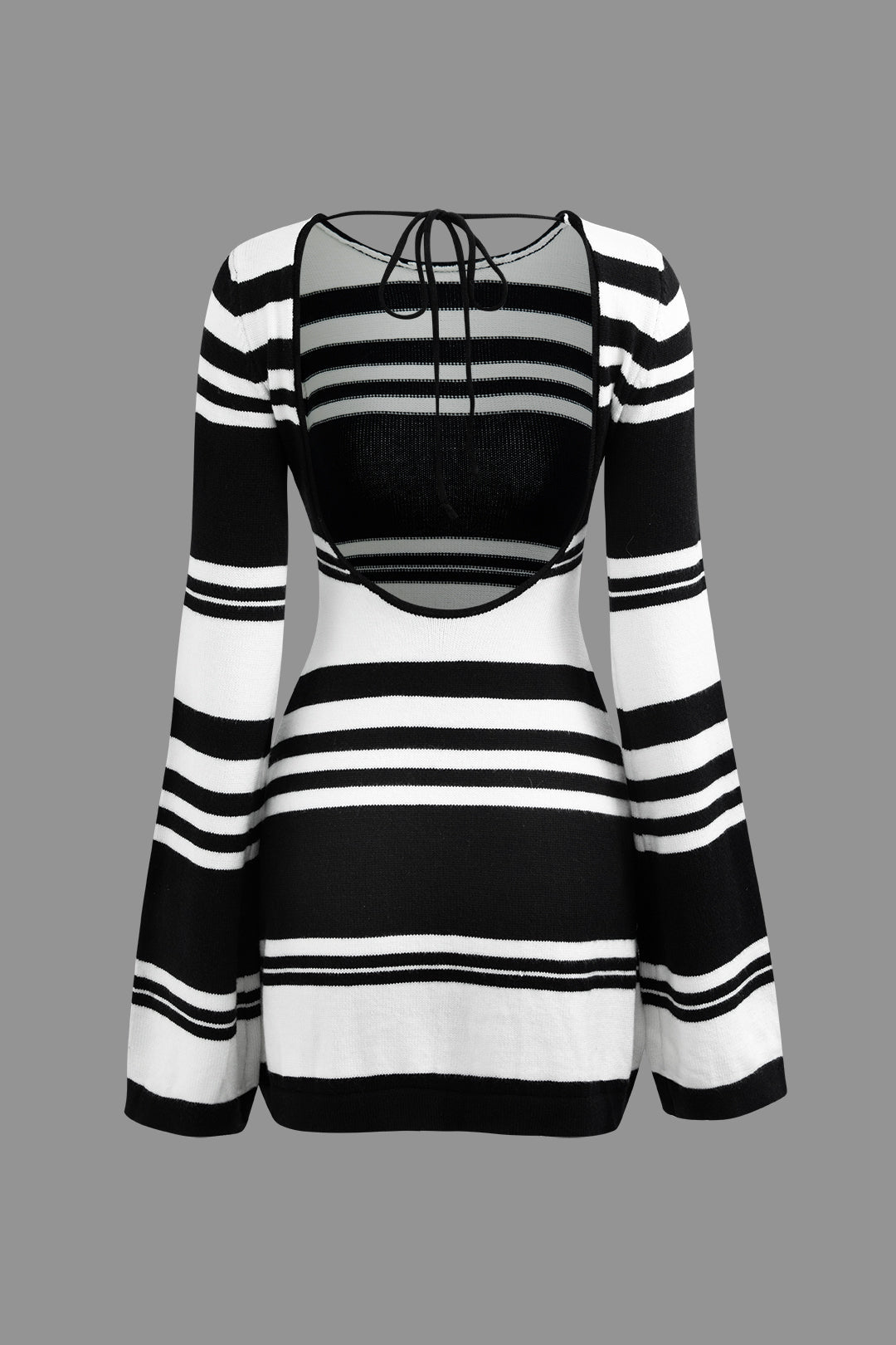 Contrast Stripe Backless Bell Sleeve Knit Mini Dress REBECATHELABEL