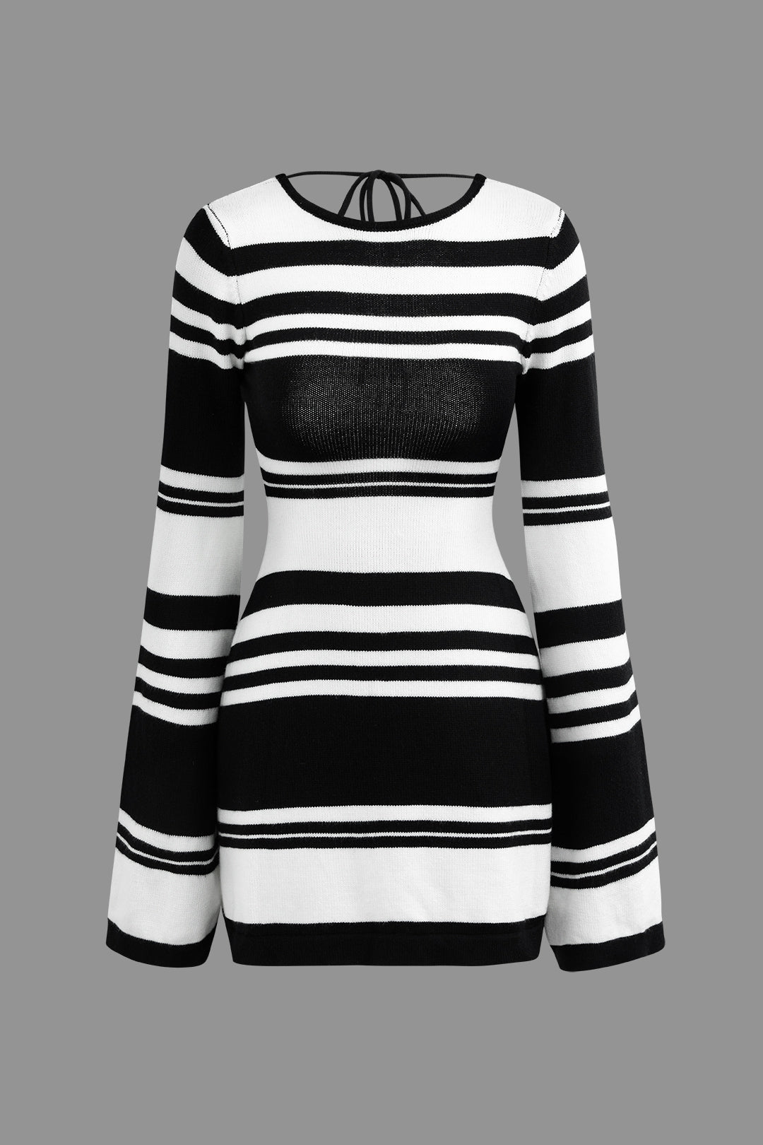 Contrast Stripe Backless Bell Sleeve Knit Mini Dress REBECATHELABEL