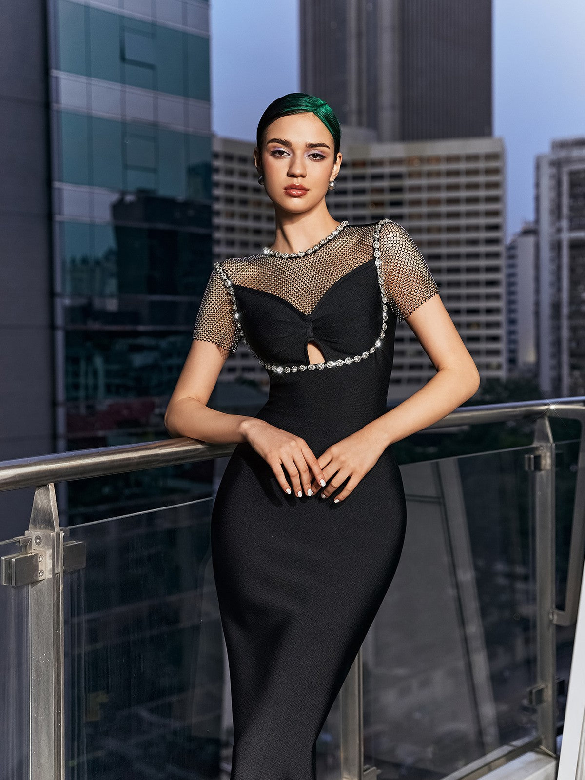 Crystal Mesh Bandage Midi Dress REBECATHELABEL