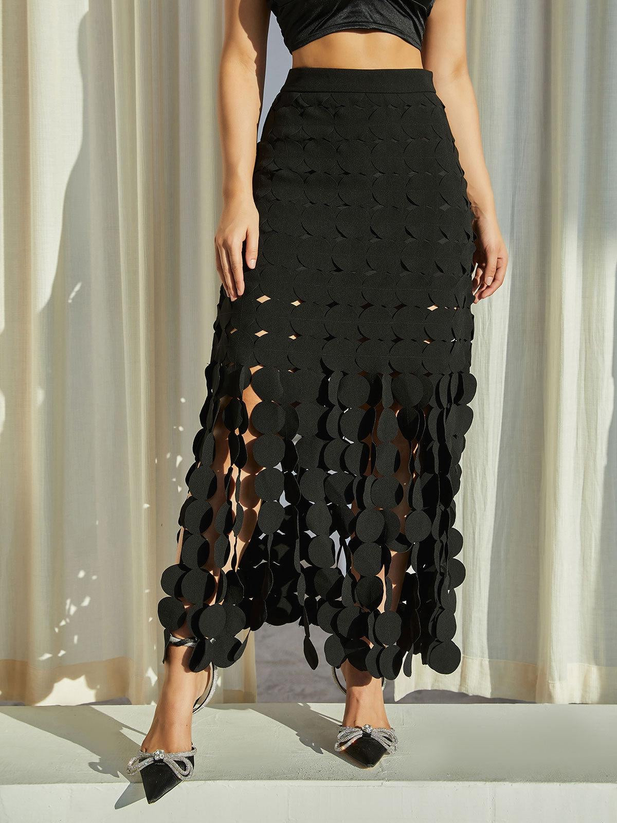 Cutout Fringe Skirt In Black REBECATHELABEL