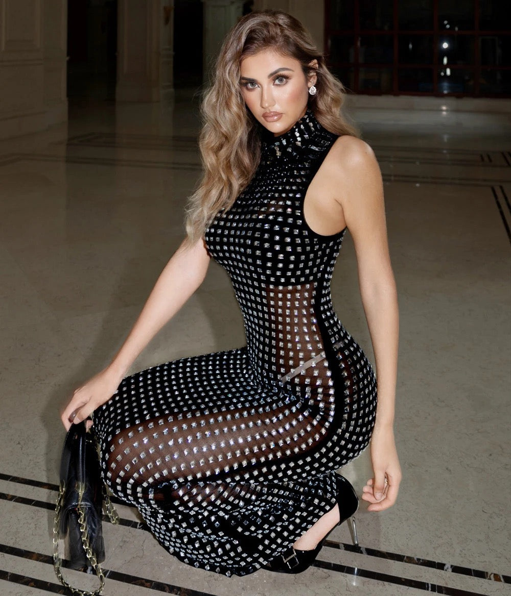 Diamond Mesh Transparent Maxi Dress