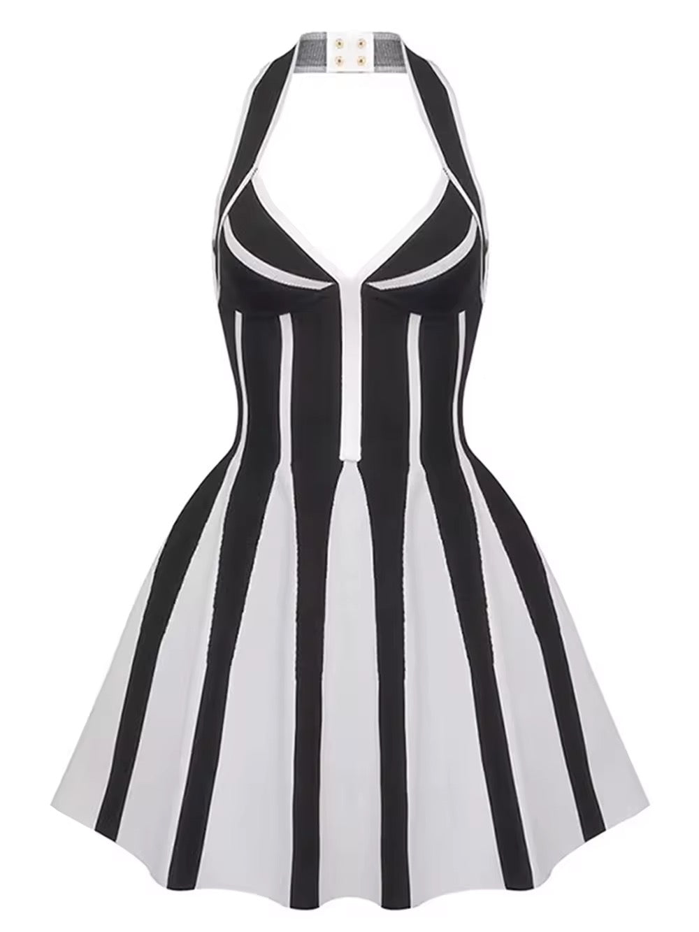 Black White Vertical Stripes Halter Jacquard Short Dress