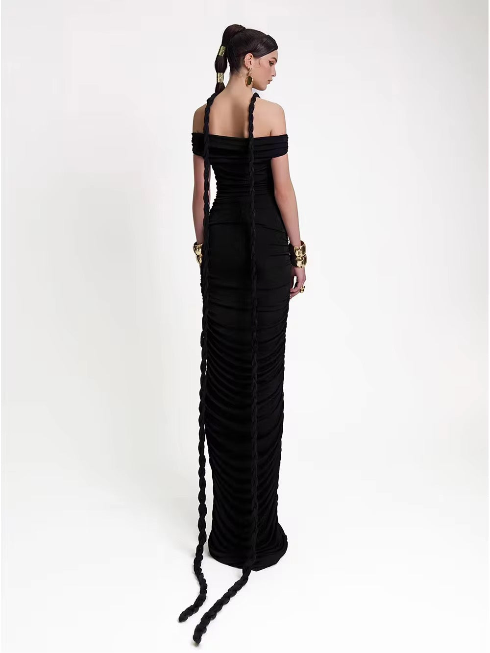 Slash Neck Braided Folds High Waist Elastic Maxi Dress