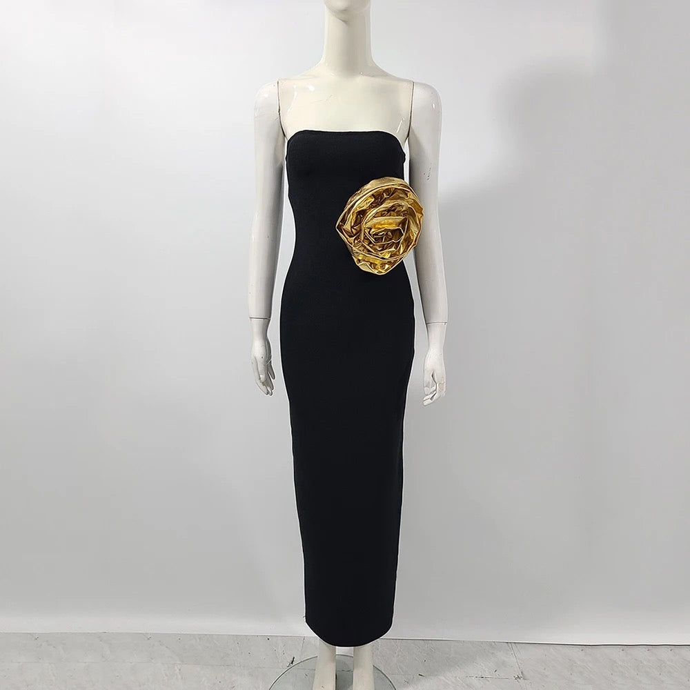 Strapless Gold Flower Tight Long Bandage Dress