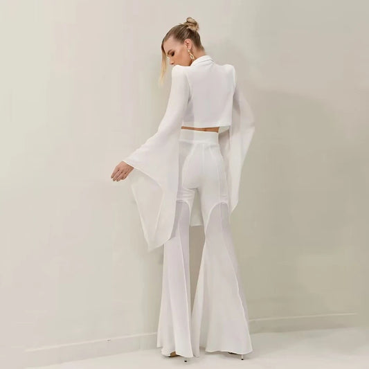 Ruffle Edge Flare Sleeves Short Top Flare Pants Suit